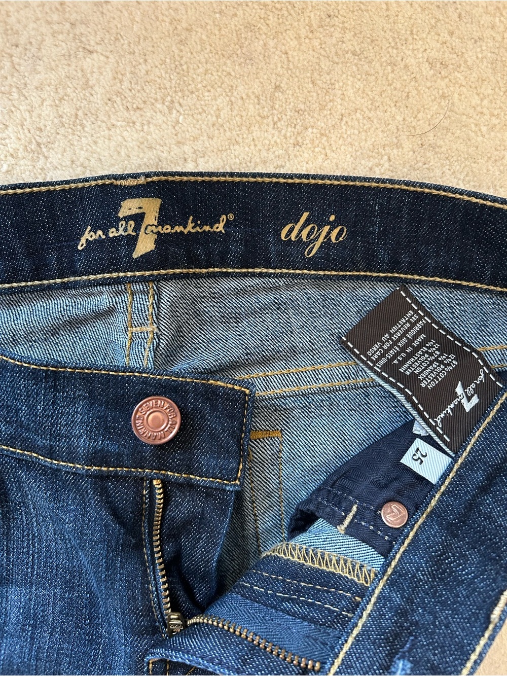 7 For All Mankind Dark Blue Denim Dojo Jeans with Contrast Stitching